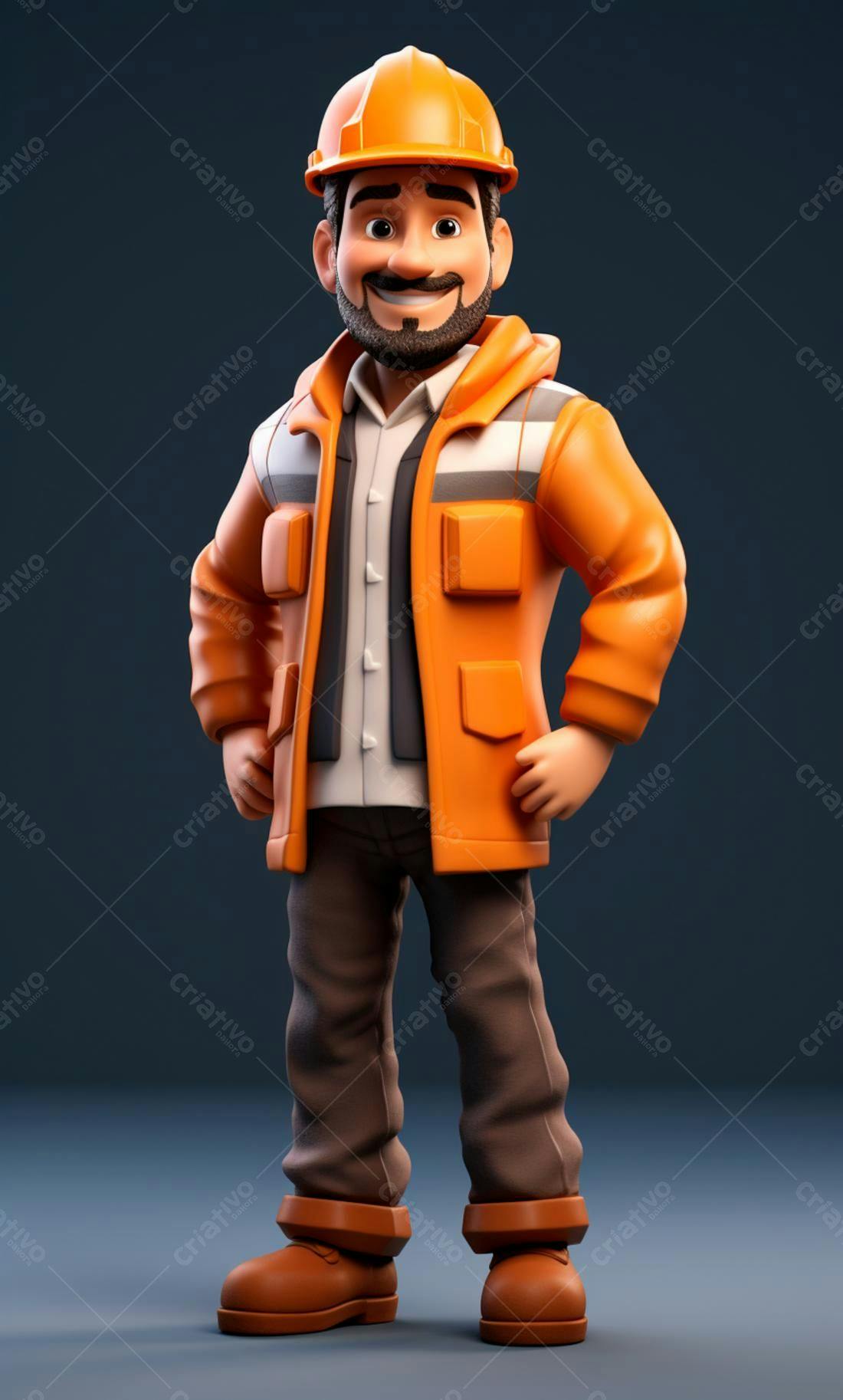 Engenheiro 3D sorridente uniforme laranja