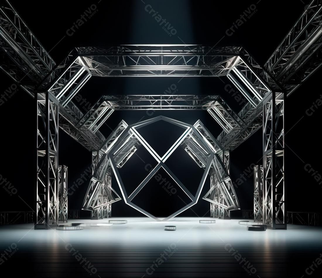 Estrutura metálica futurista em palco escuro
