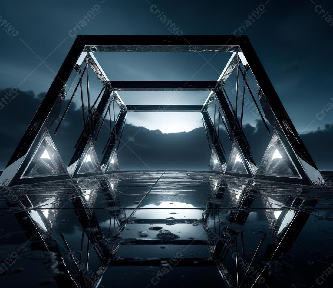 Estrutura metálica futurista em ambiente noturno