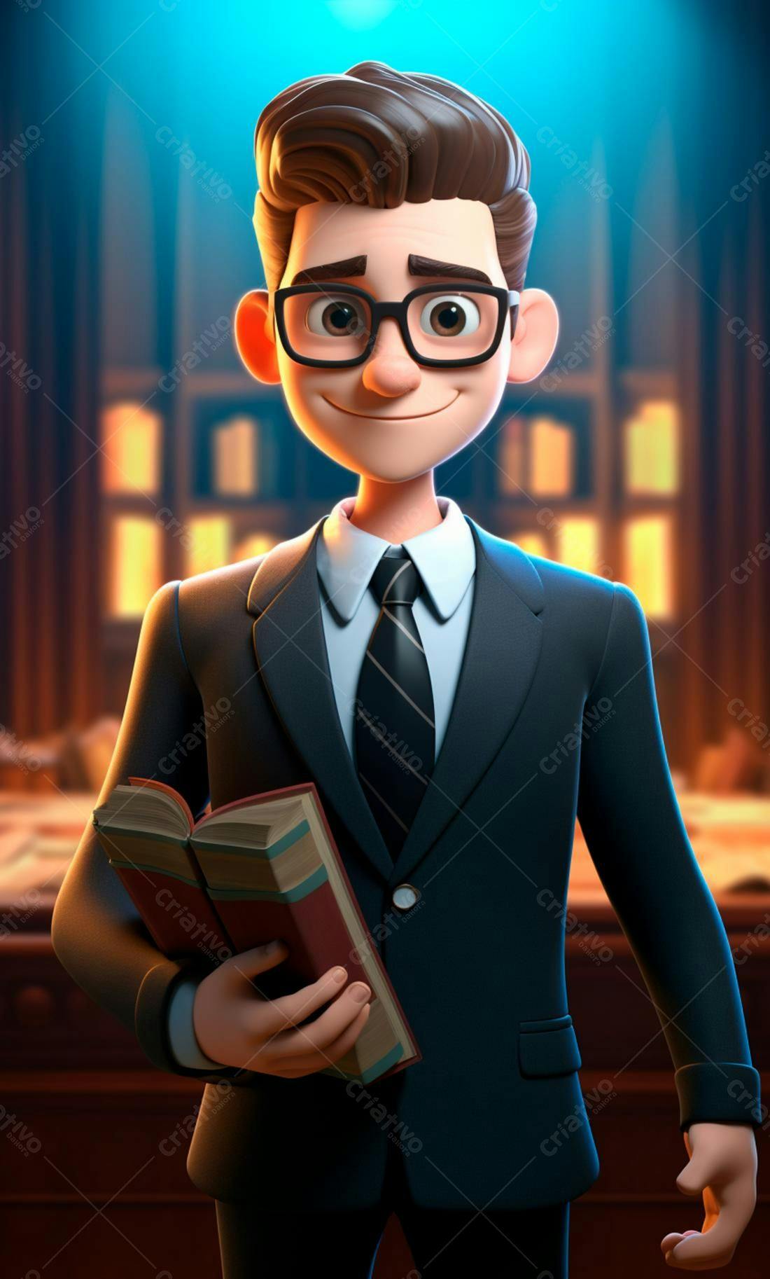 Professor animado segurando livros em biblioteca