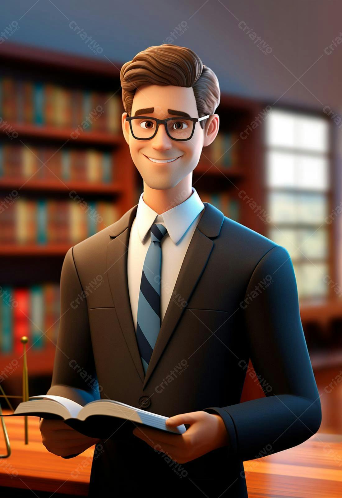 Advogado animado segurando livro em biblioteca