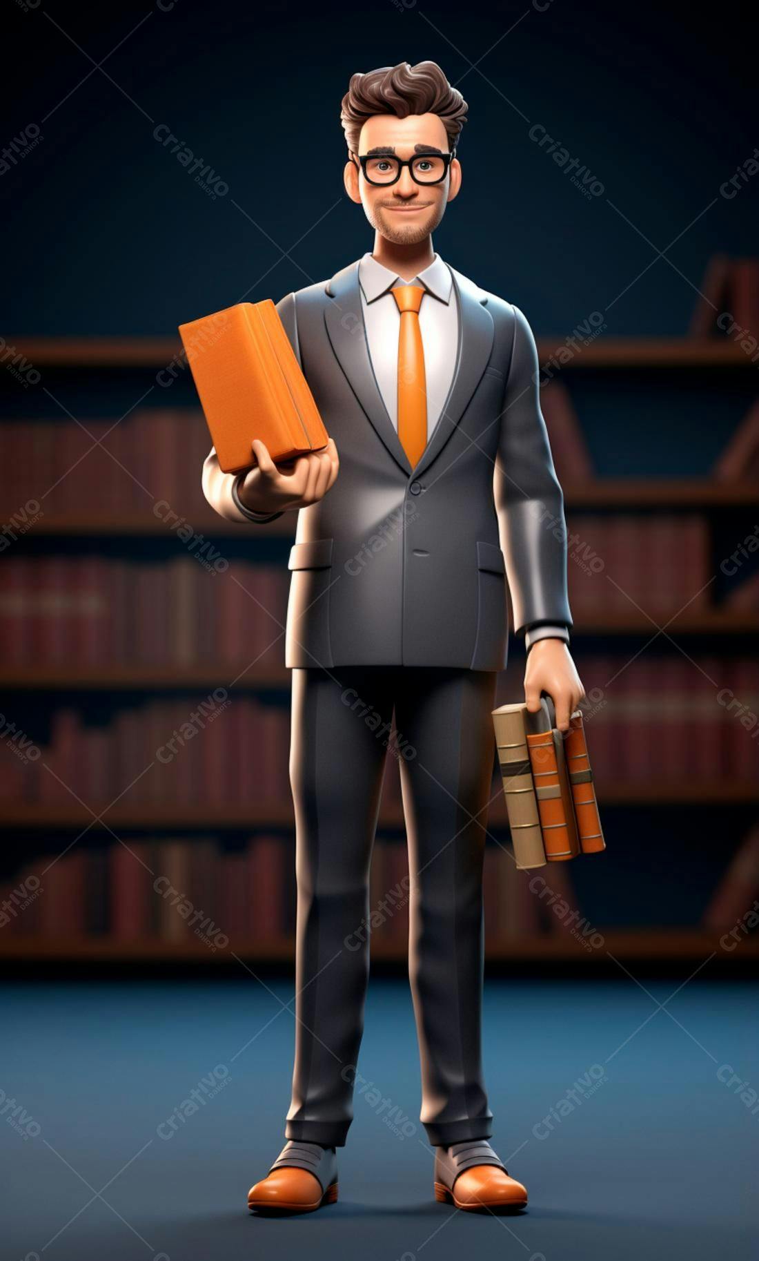 Advogado 3D segurando livros numa biblioteca