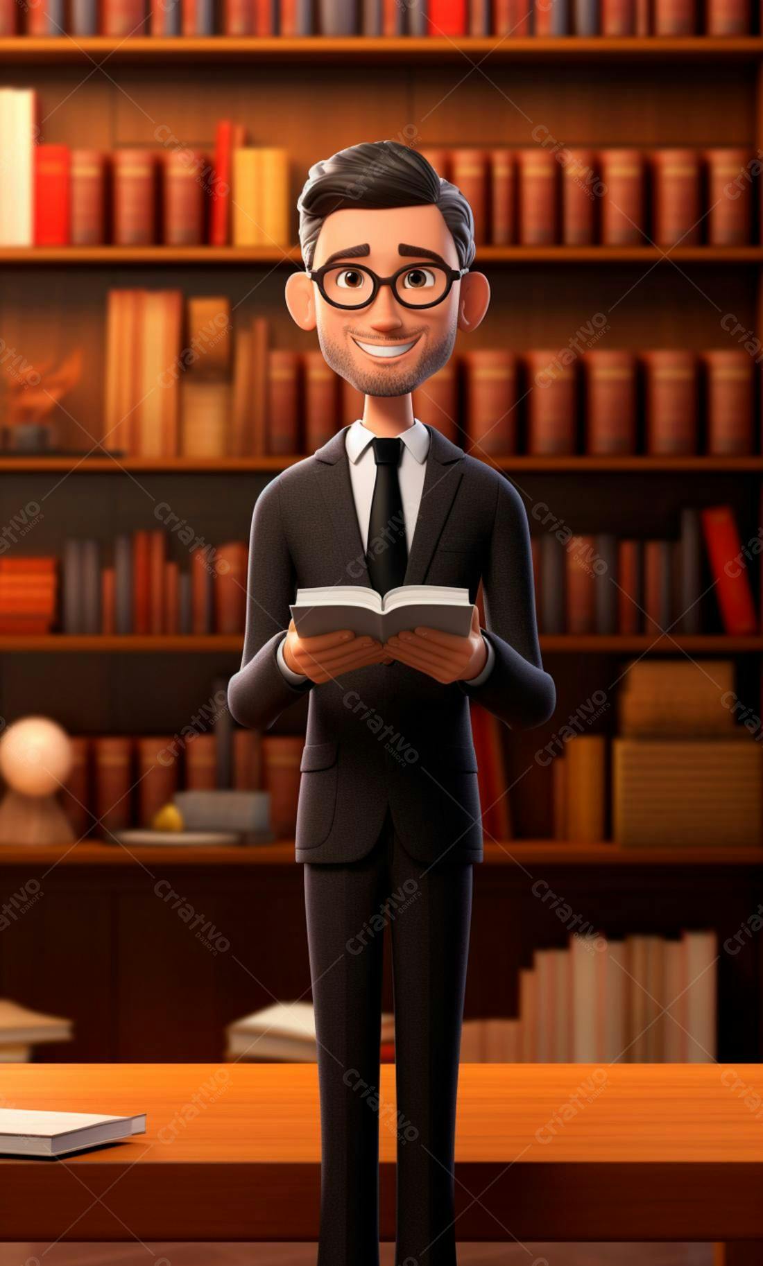 Professor animado lendo livro em biblioteca