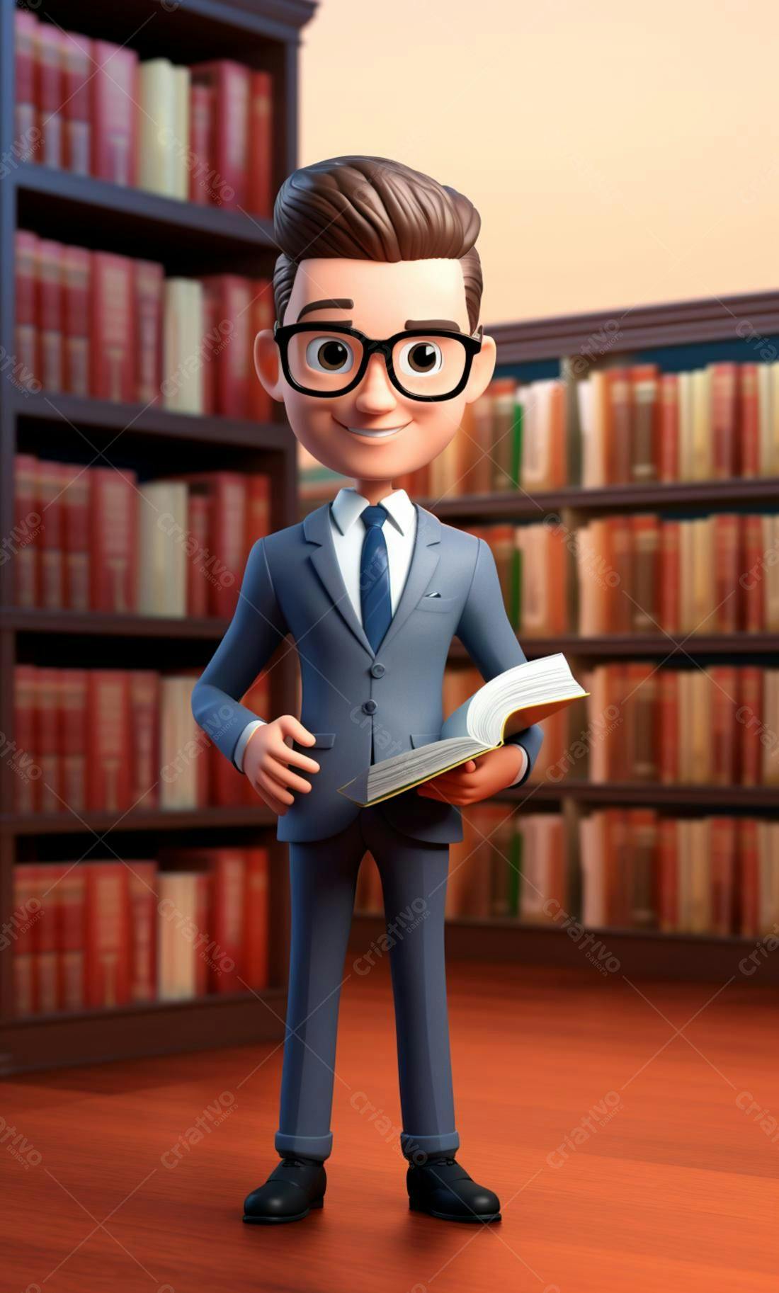Personagem 3D advogado biblioteca livro
