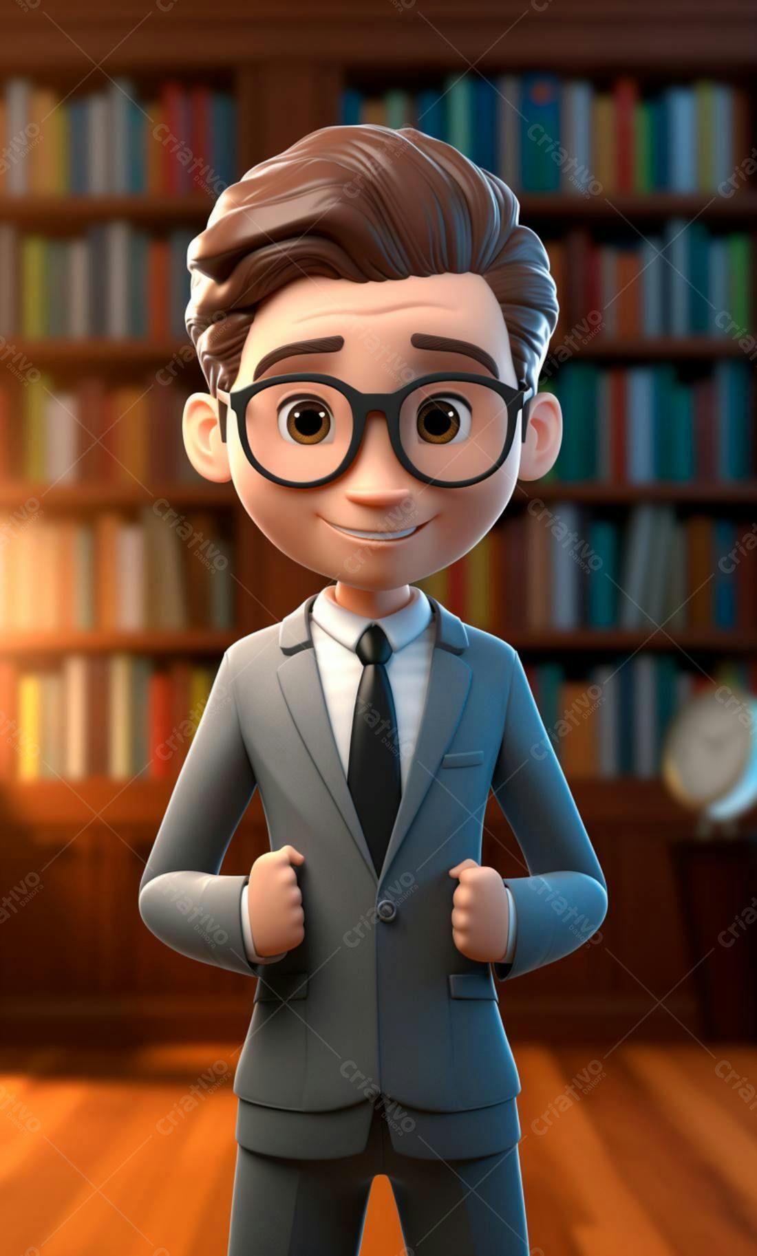 Menino Cartoon Empresário em Biblioteca