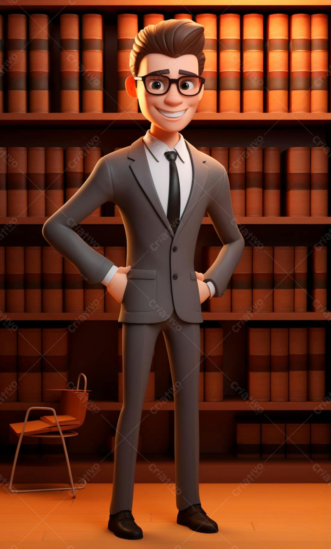 Advogado animado em biblioteca