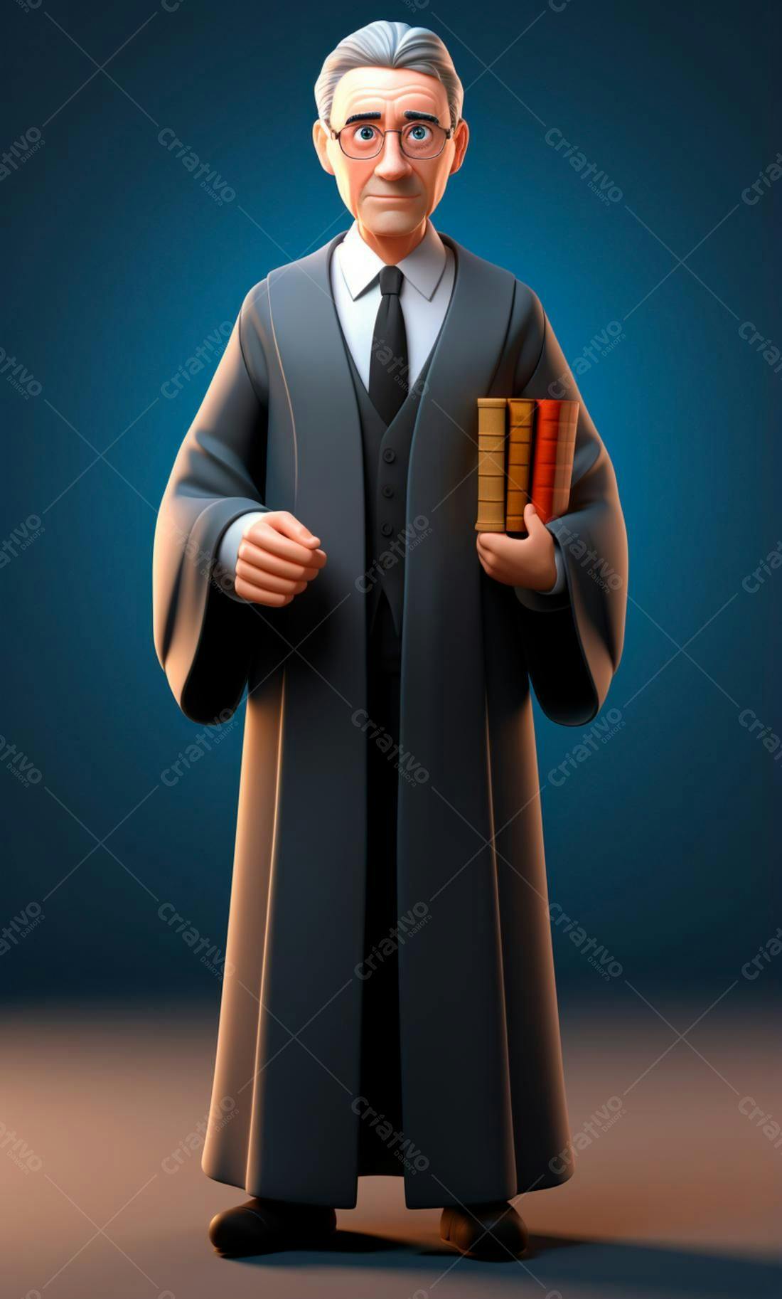 Juiz animado segurando livros jurídicos