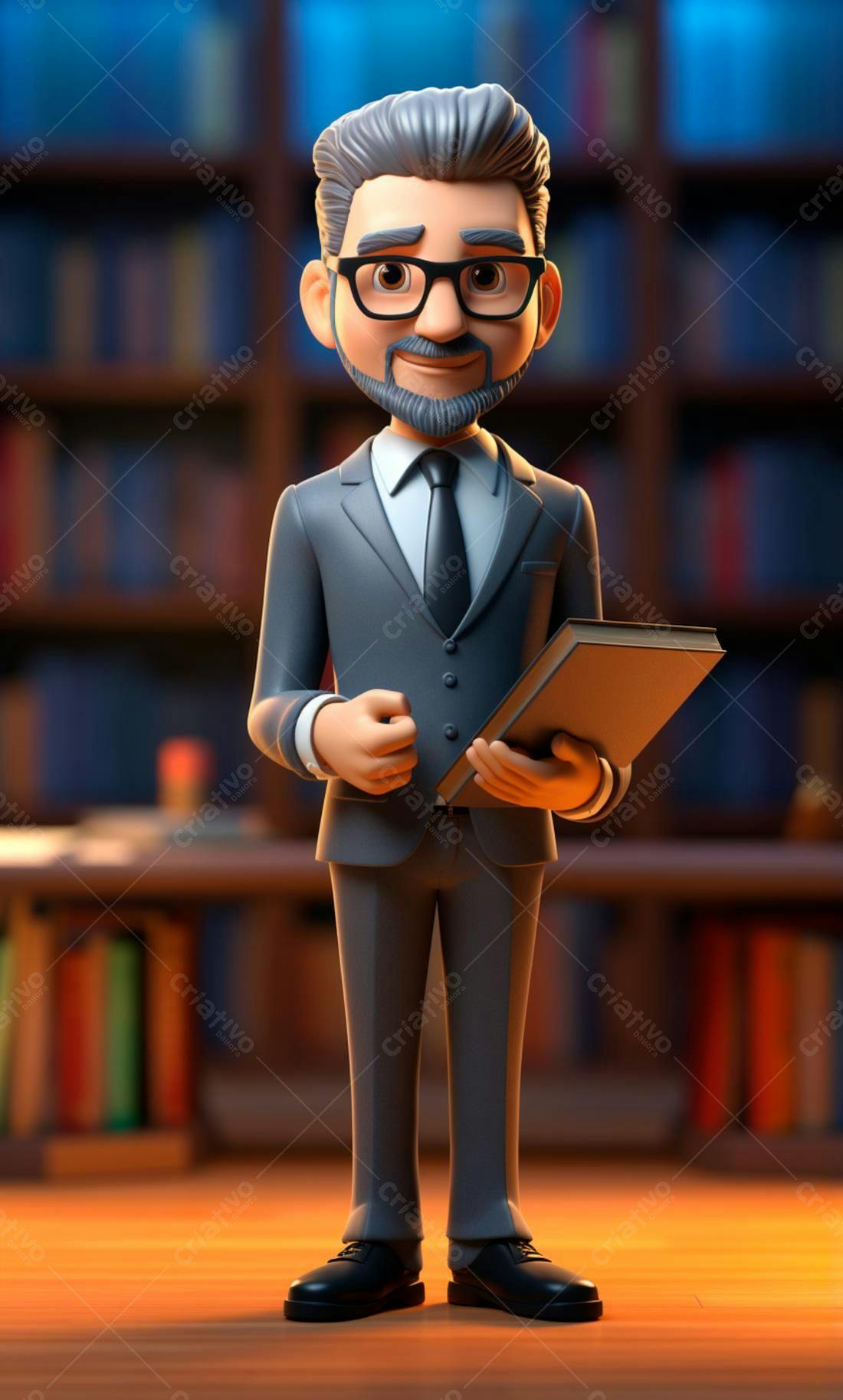Professor 3D segurando livro em biblioteca
