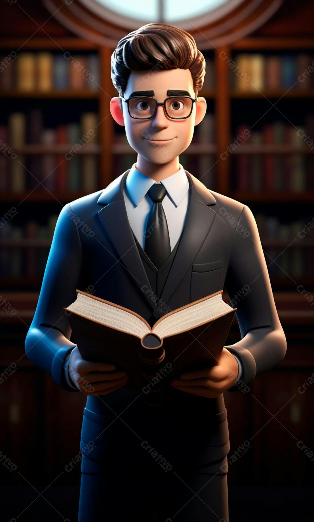 Homem de terno lendo livro em biblioteca
