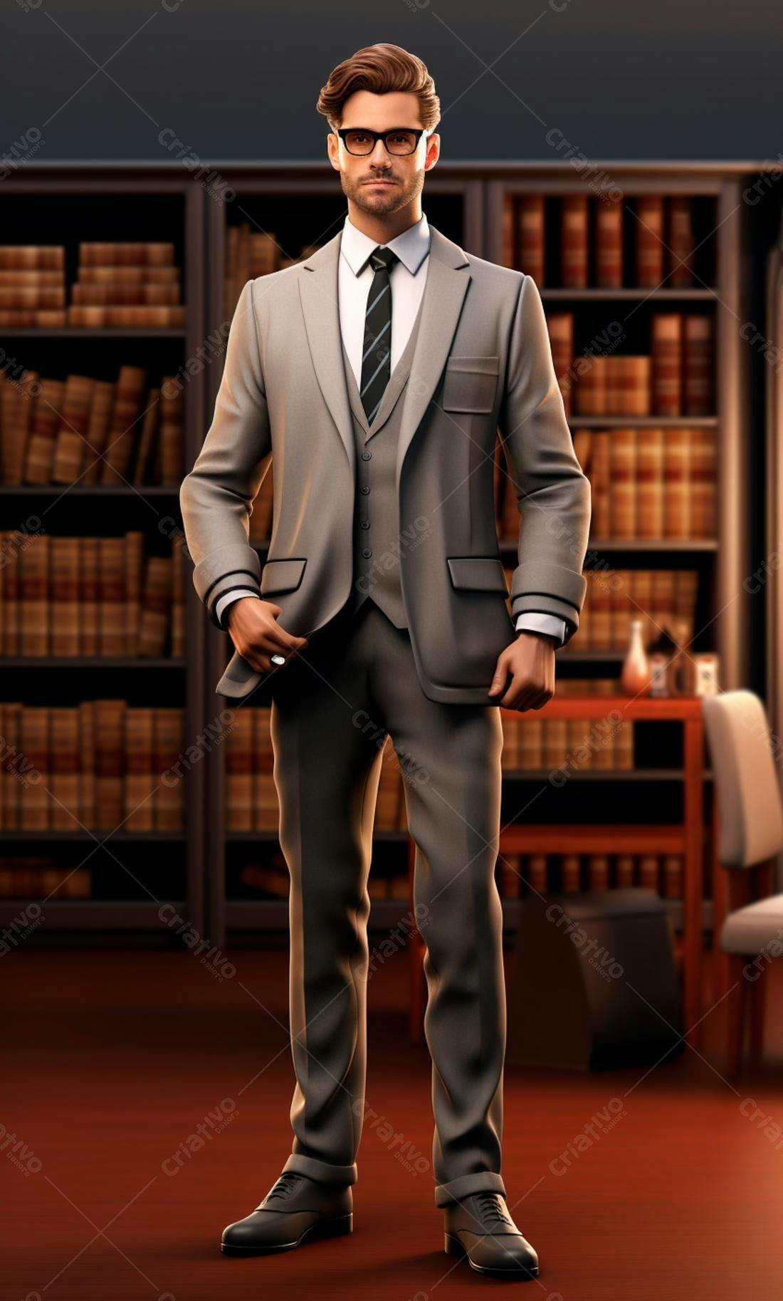 Homem elegante em terno cinza em biblioteca