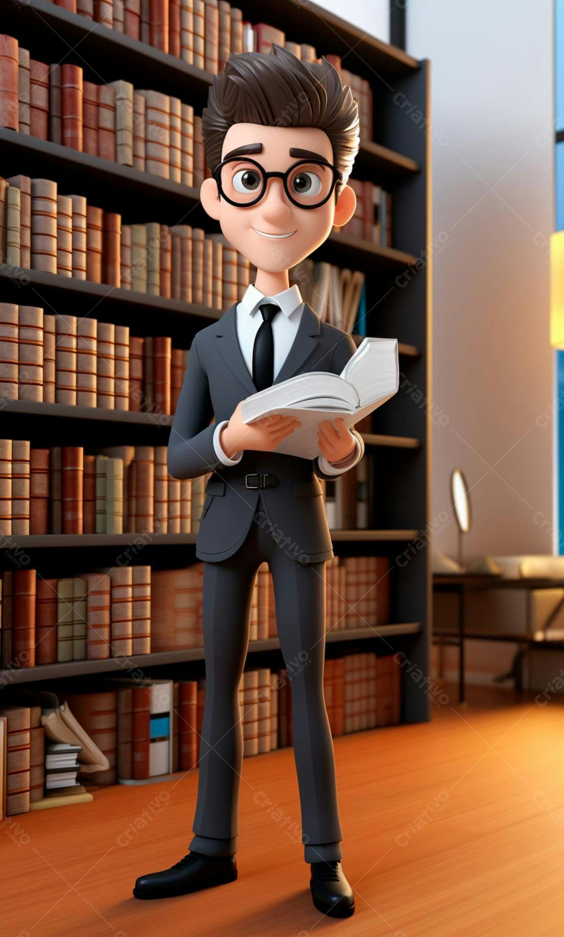 Advogado de desenho animado lendo livro em biblioteca
