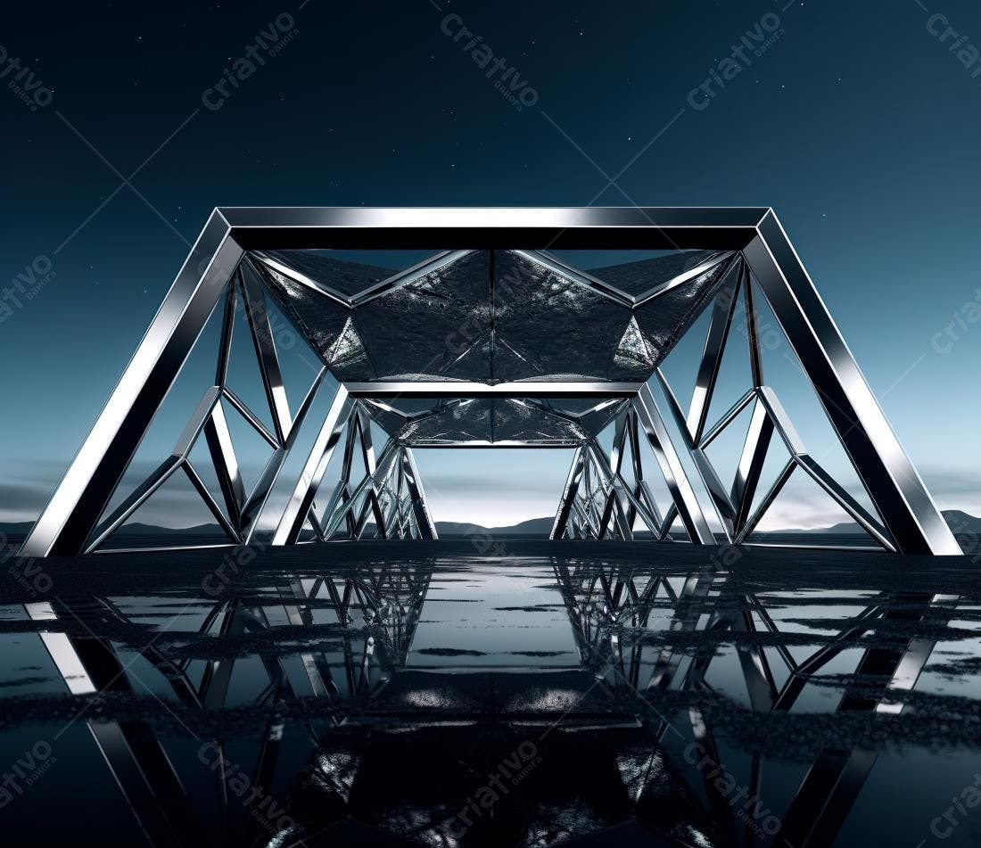 Estrutura metálica futurista em paisagem noturna