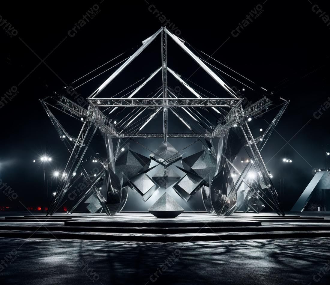 Instalação Artística Noturna com Esculturas Geométricas