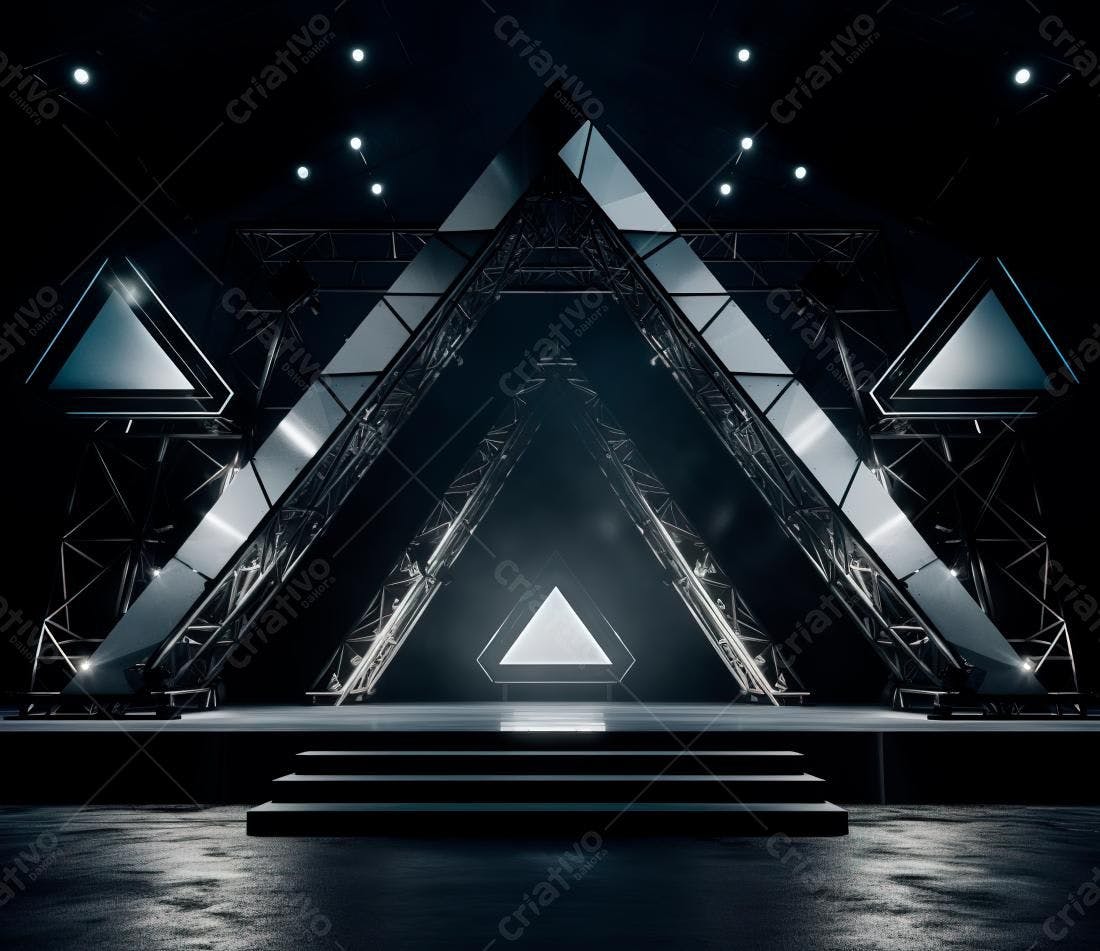 Palco triangular futurista em tons escuros