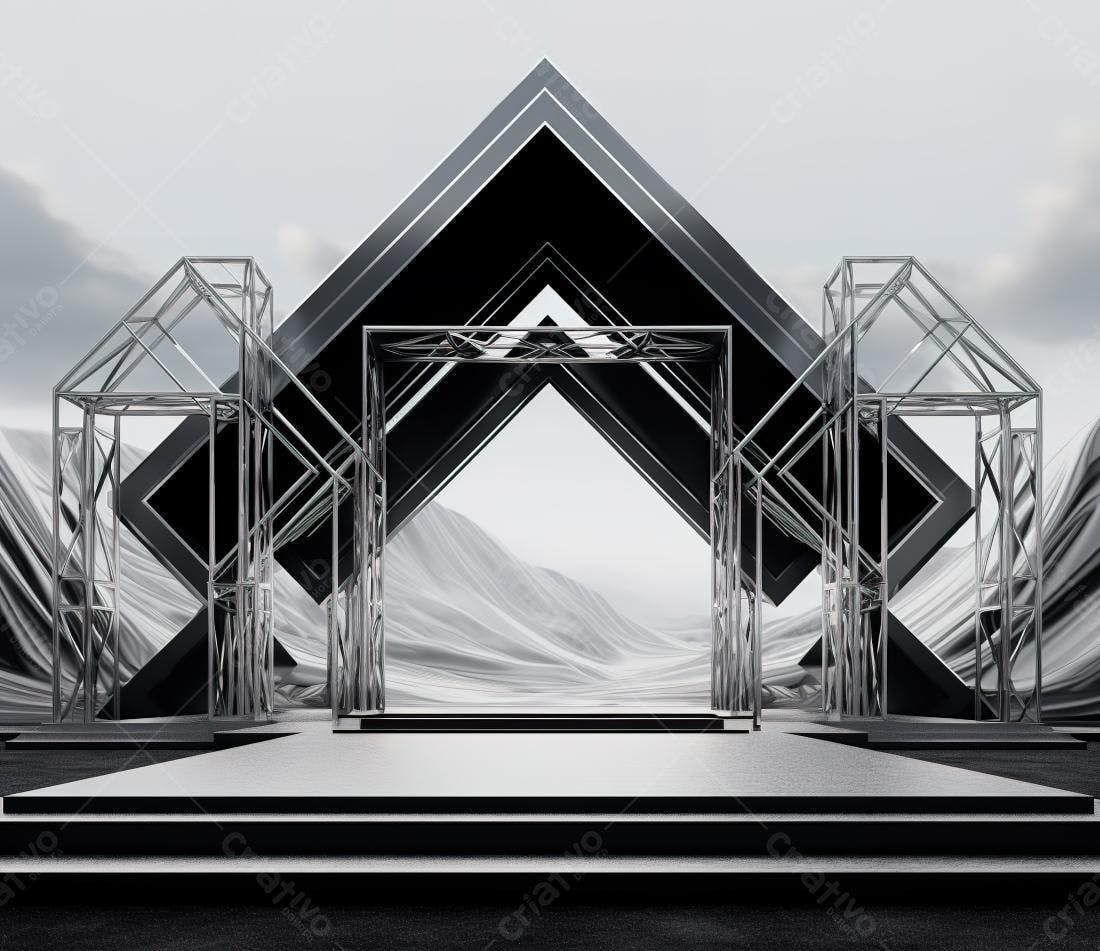 Portal metálico moderno em paisagem futurista