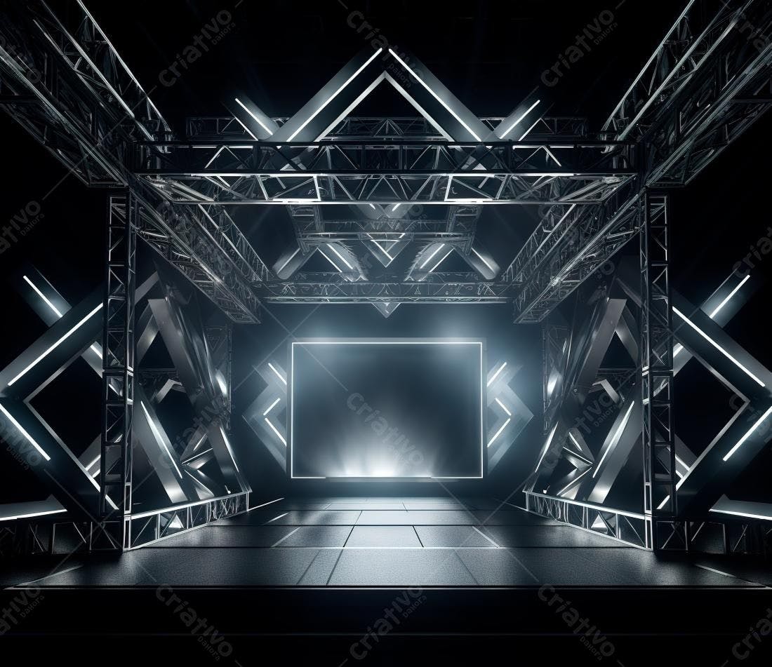 Palco futurista com estrutura metálica e iluminação neon