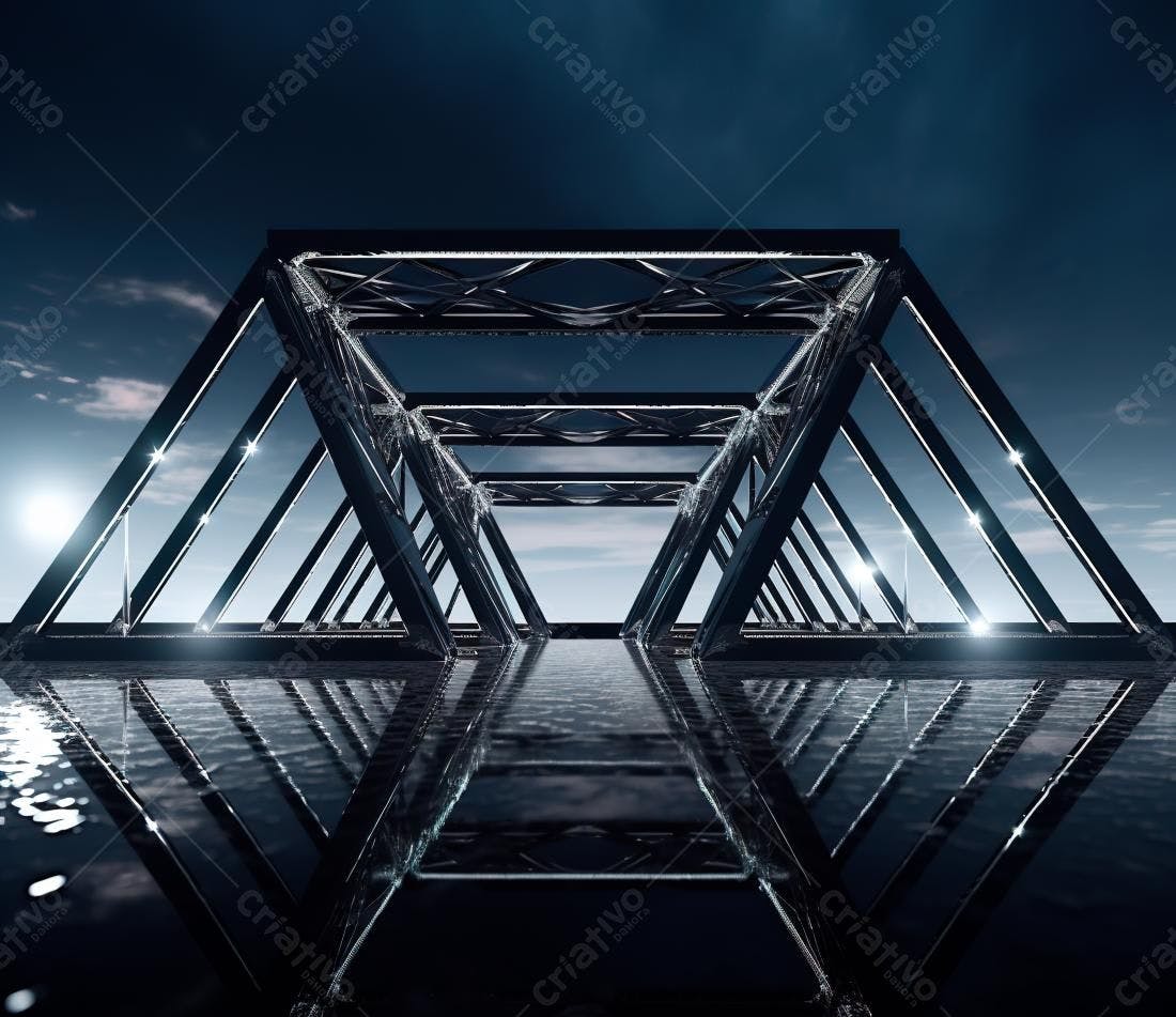 Ponte metálica moderna à noite com reflexo na água