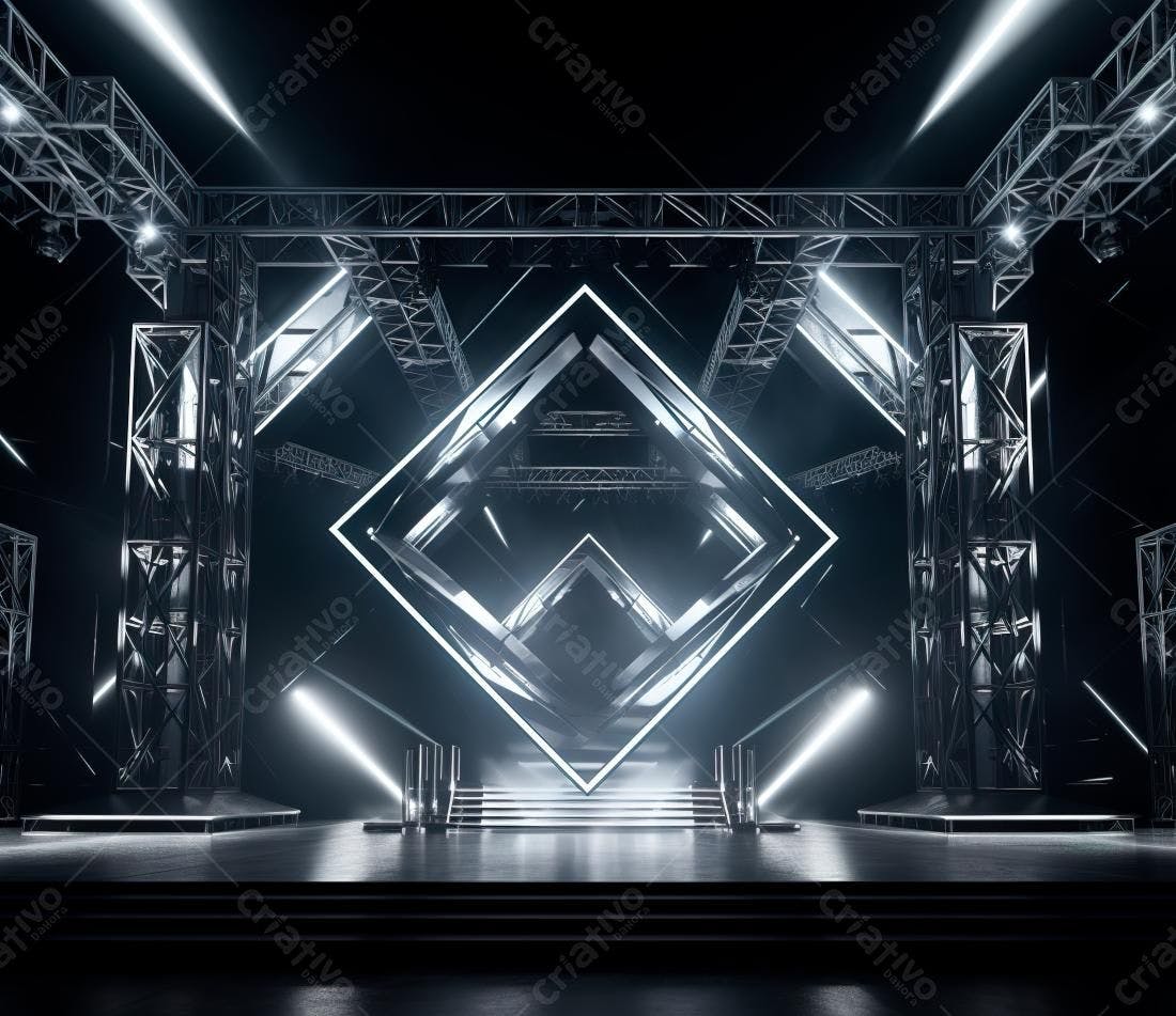 Palco futurista com estrutura metálica e iluminação neon