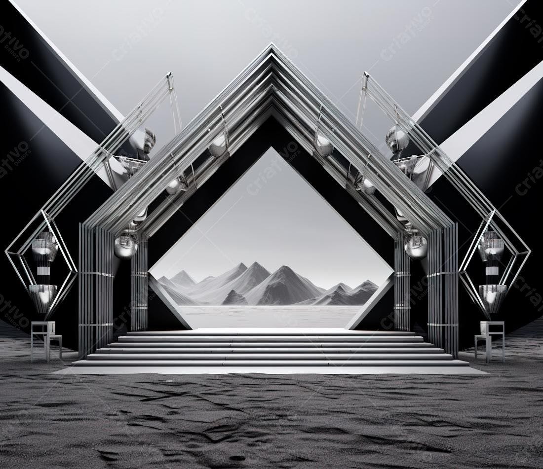 Portal futurista em paisagem desértica