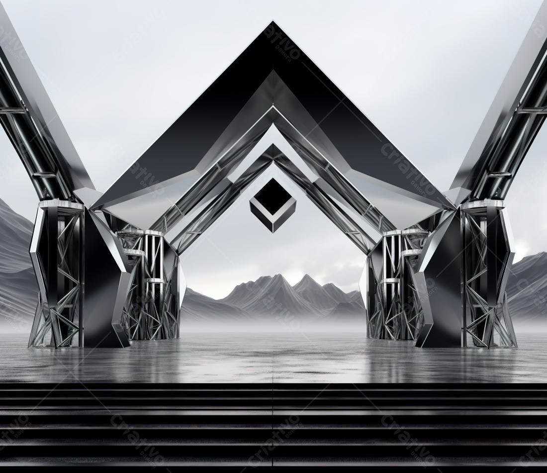 Estrutura metálica futurista em paisagem montanhosa