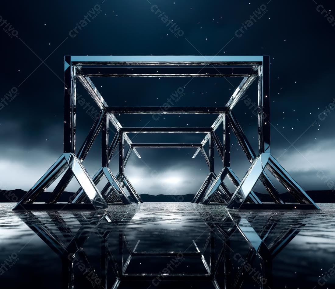 Estrutura metálica noturna refletindo em superfície líquida