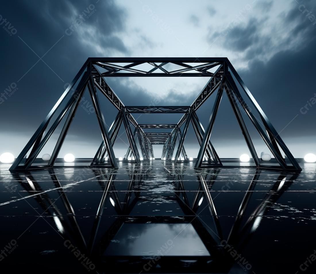 Ponte metálica futurista sob céu nublado