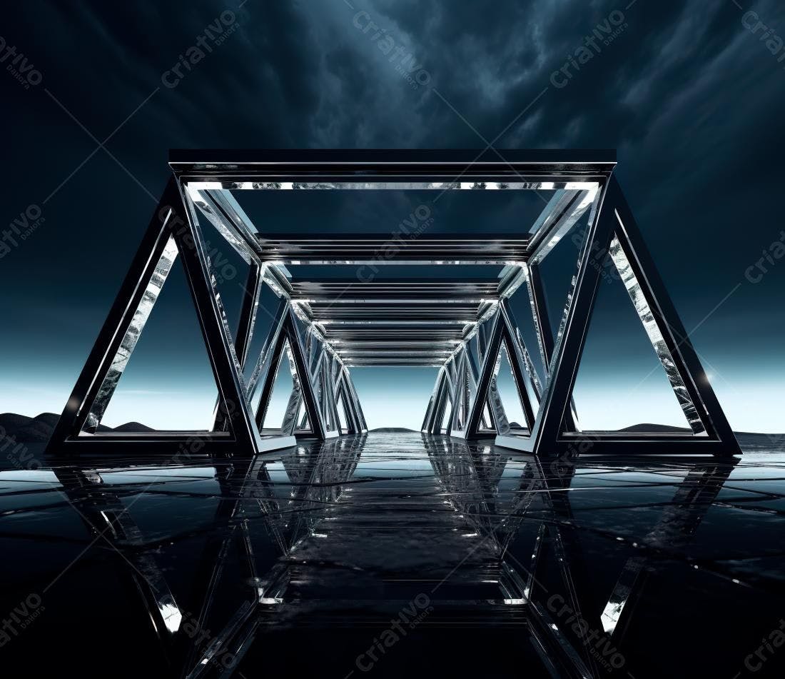 Estrutura metálica futurista em paisagem noturna