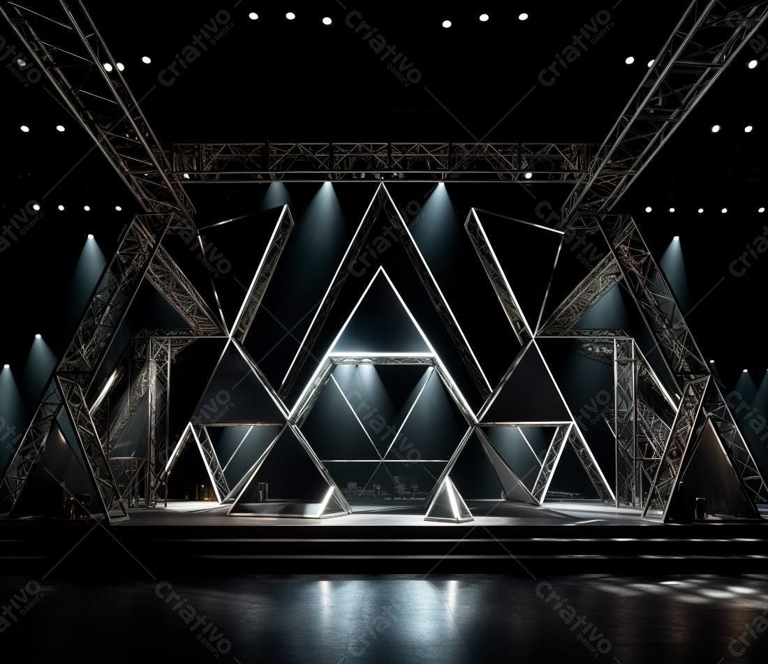 Palco triangular metálico com iluminação cênica