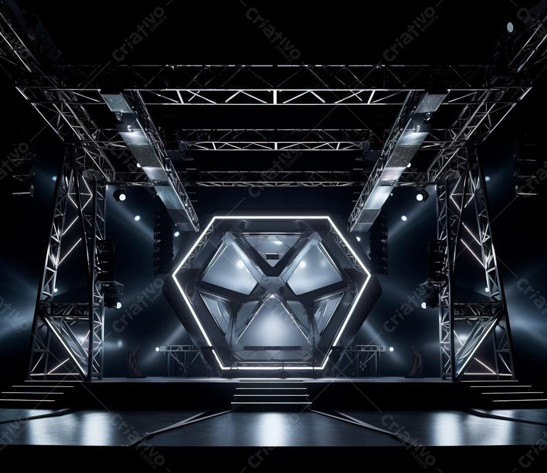 Palco hexagonal futurista em evento noturno