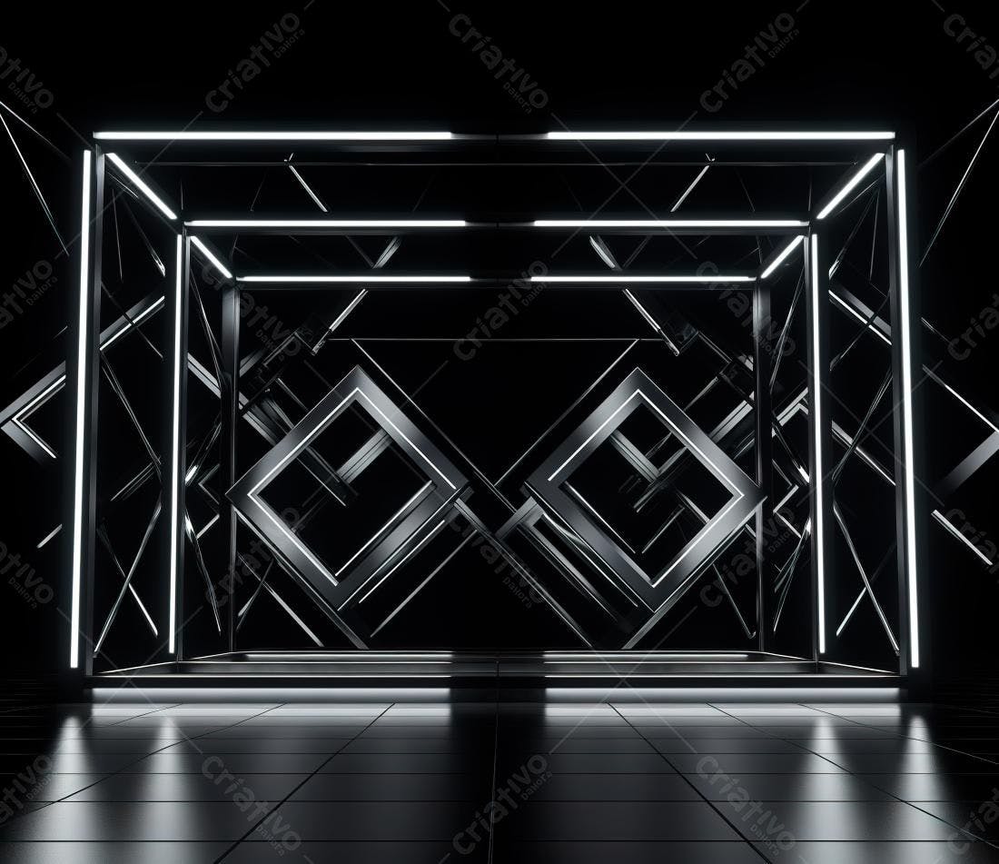 Instalação artística geométrica em preto e branco
