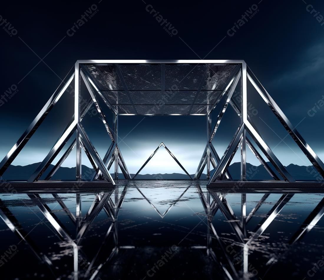 Estrutura metálica moderna com reflexo em água