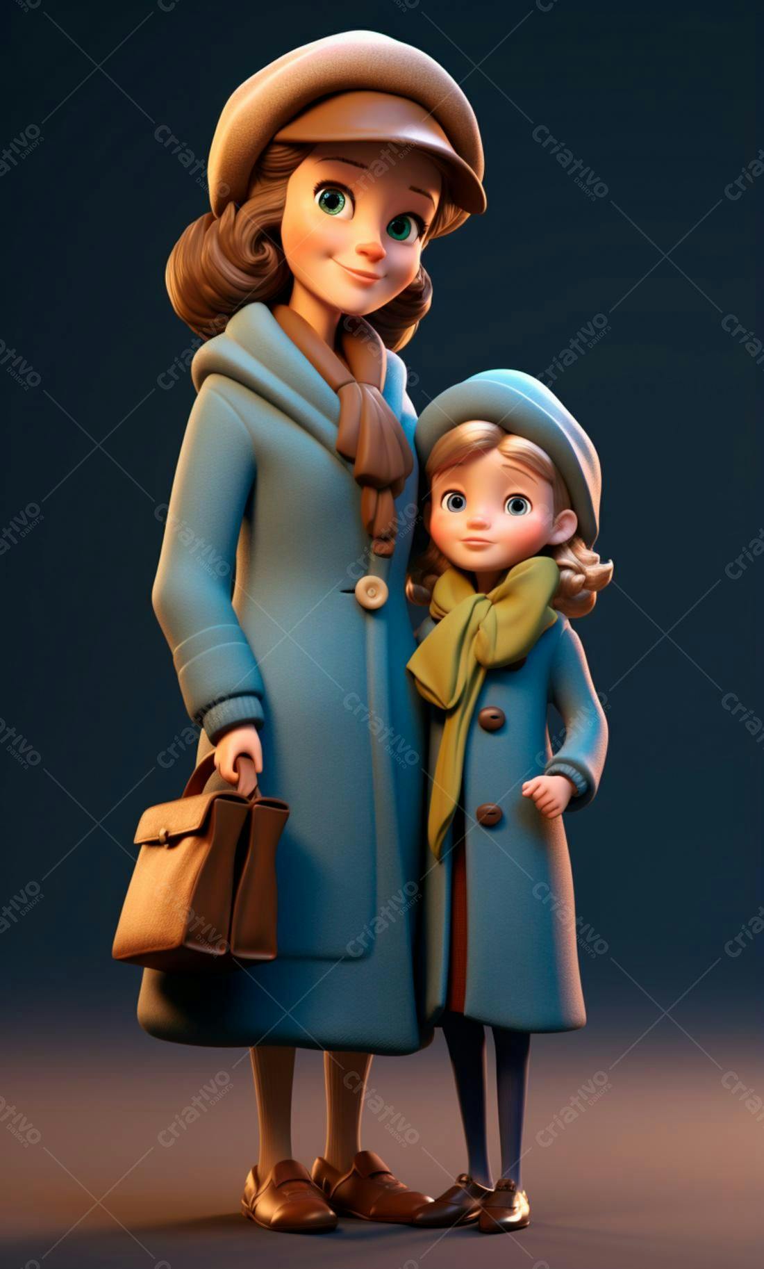 Mãe e filha em casacos azuis