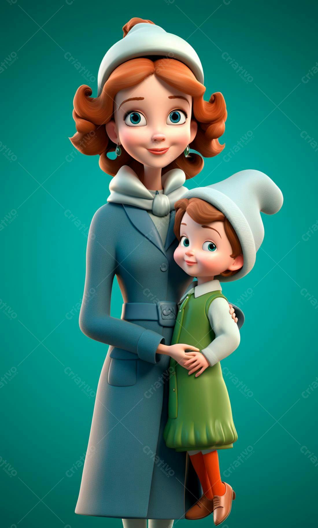 Mãe e filha abraçadas estilo desenho animado