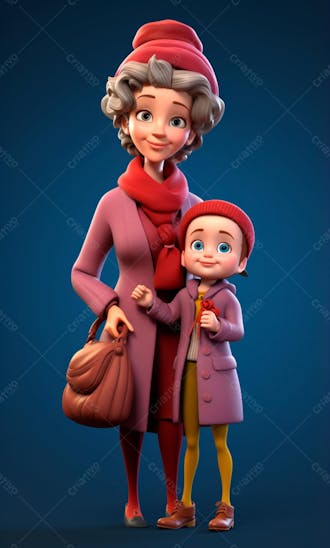 Personagem de desenho animado 3d de babá e uma garotinha fofa