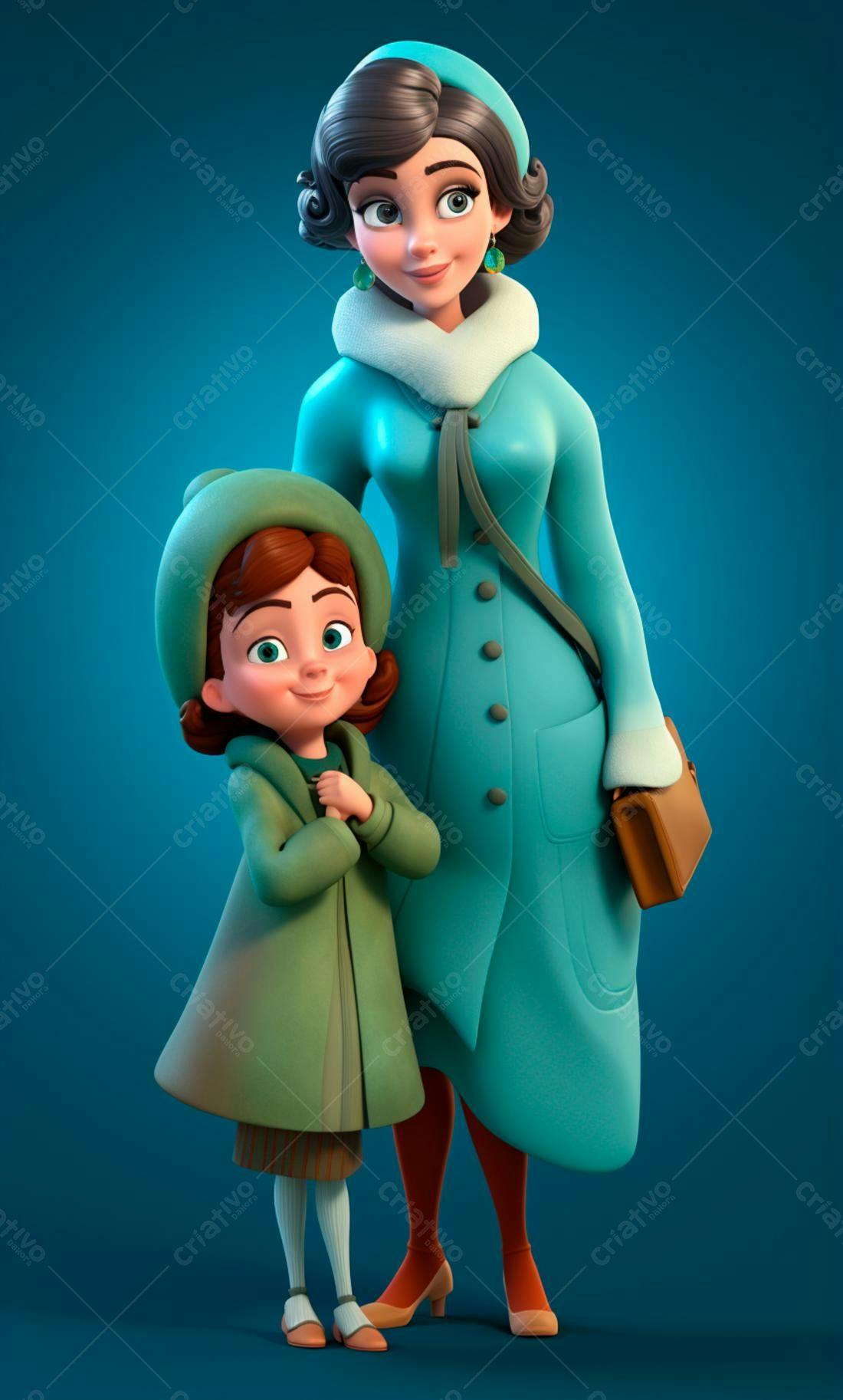 Mãe e filha em casacos vintage