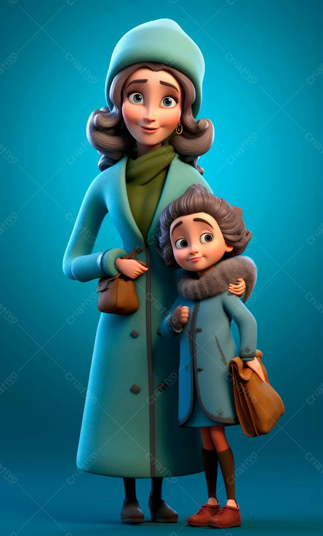 Mãe e filha em casacos azuis