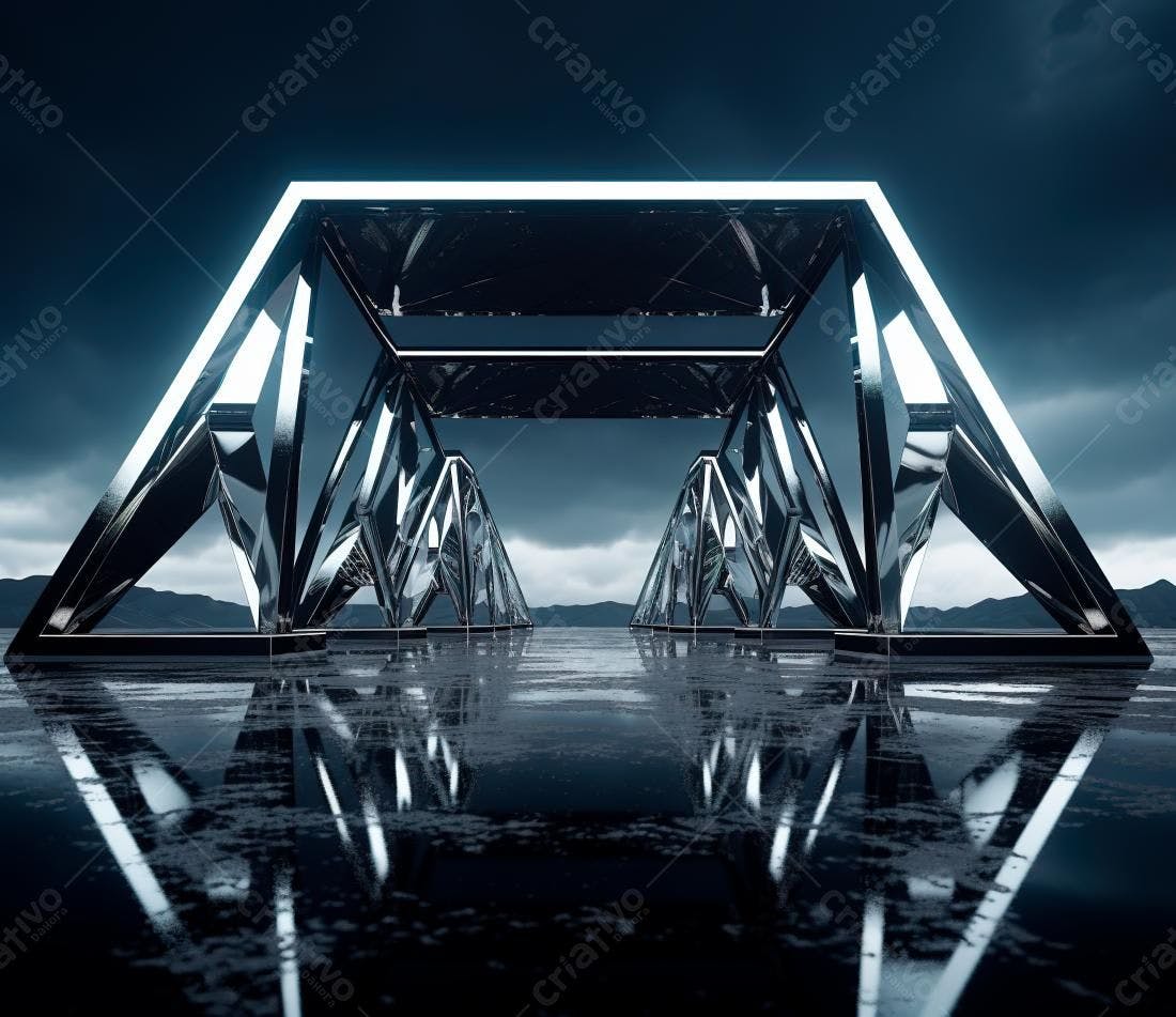 Estrutura metálica futurista refletindo em superfície escura