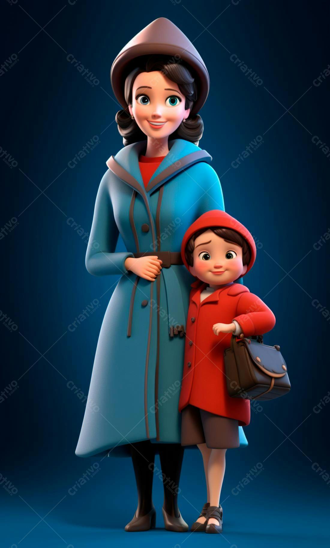 Mãe e filha em casacos azul e vermelho