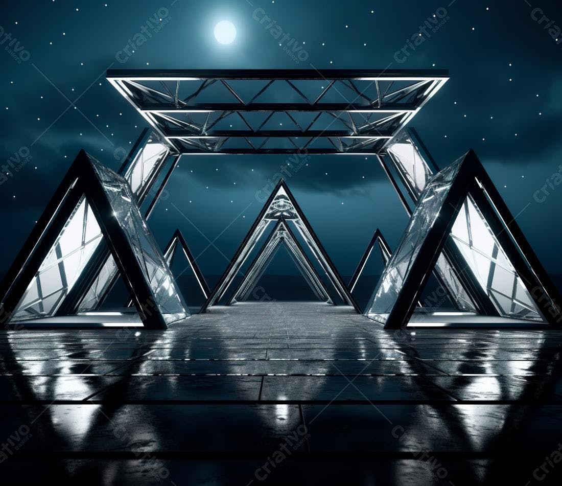 Estrutura geométrica noturna com pirâmides de vidro