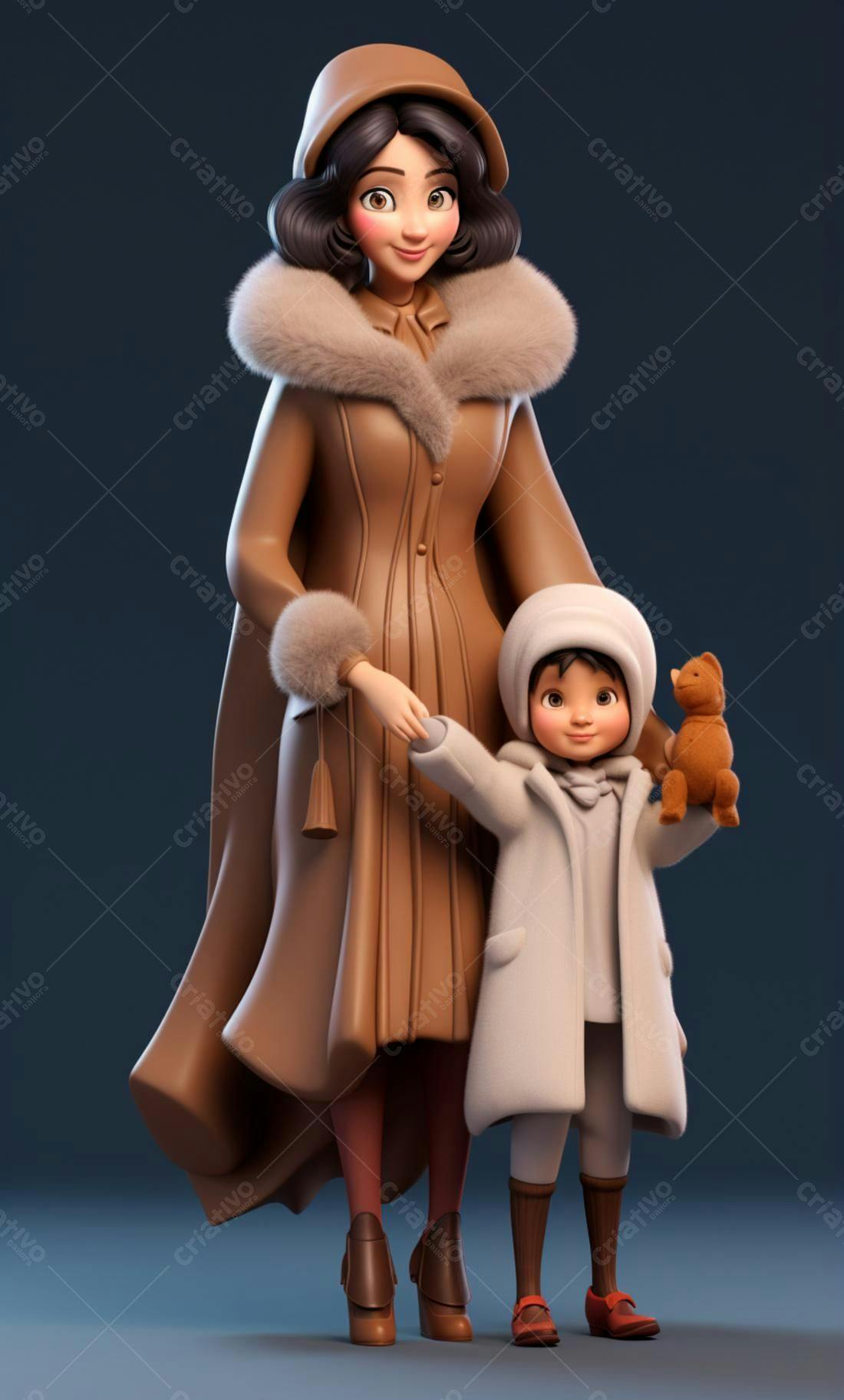 Mãe e filha em casacos de inverno
