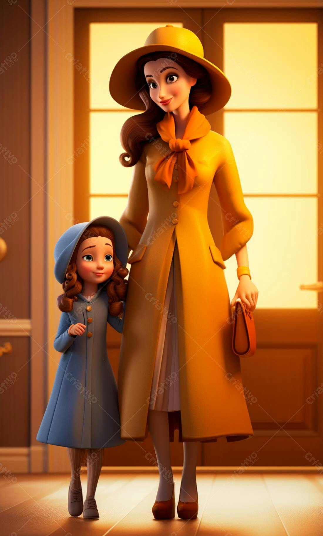Mãe e filha em casaco amarelo e azul