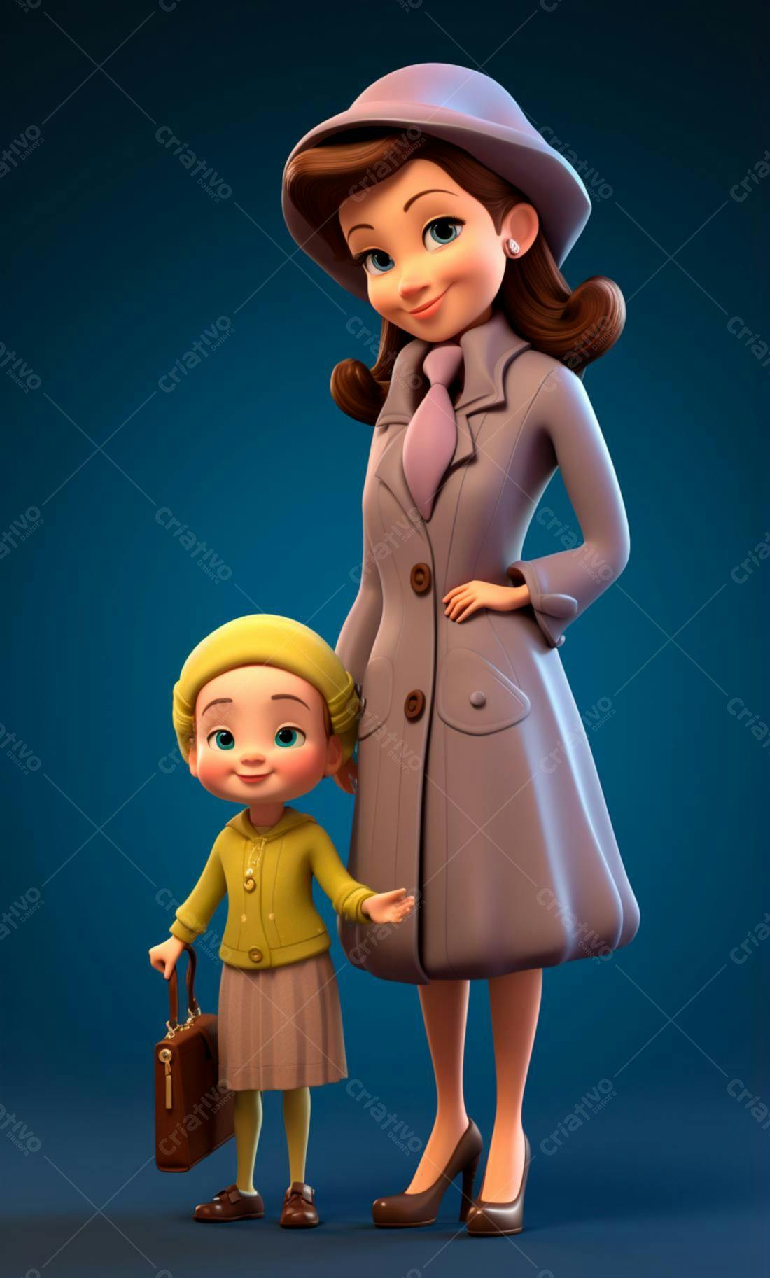Mãe e filha animadas em tons pastel