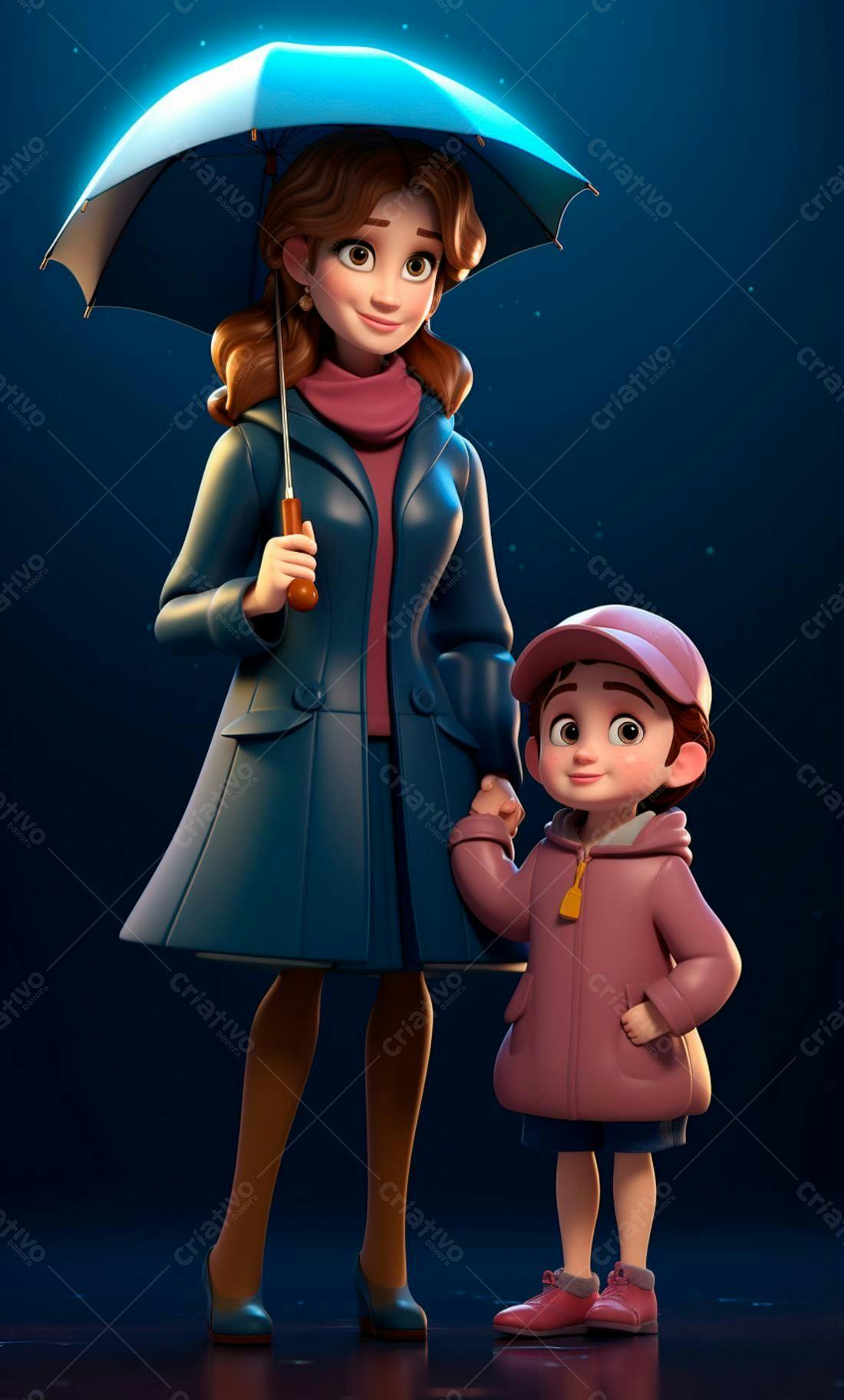 Mãe e filha sob guarda-chuva azul