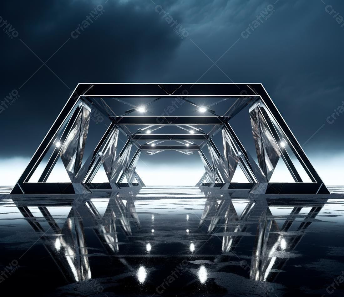 Estrutura metálica futurista refletida em água