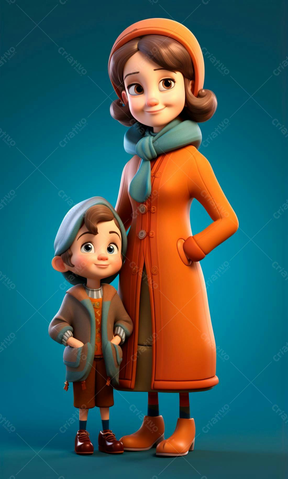 Mãe e filho em estilo cartoon vestindo casacos laranja