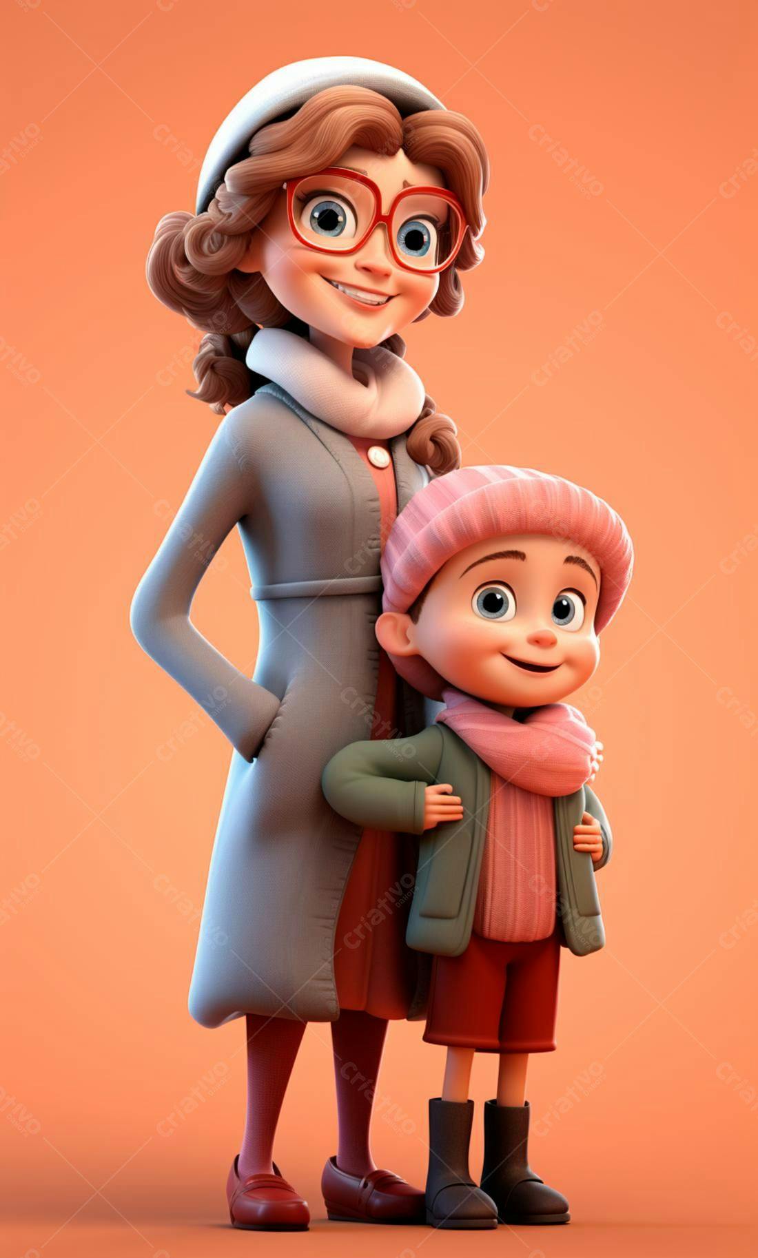 Mãe e filho em estilo cartoon vestindo roupas de inverno