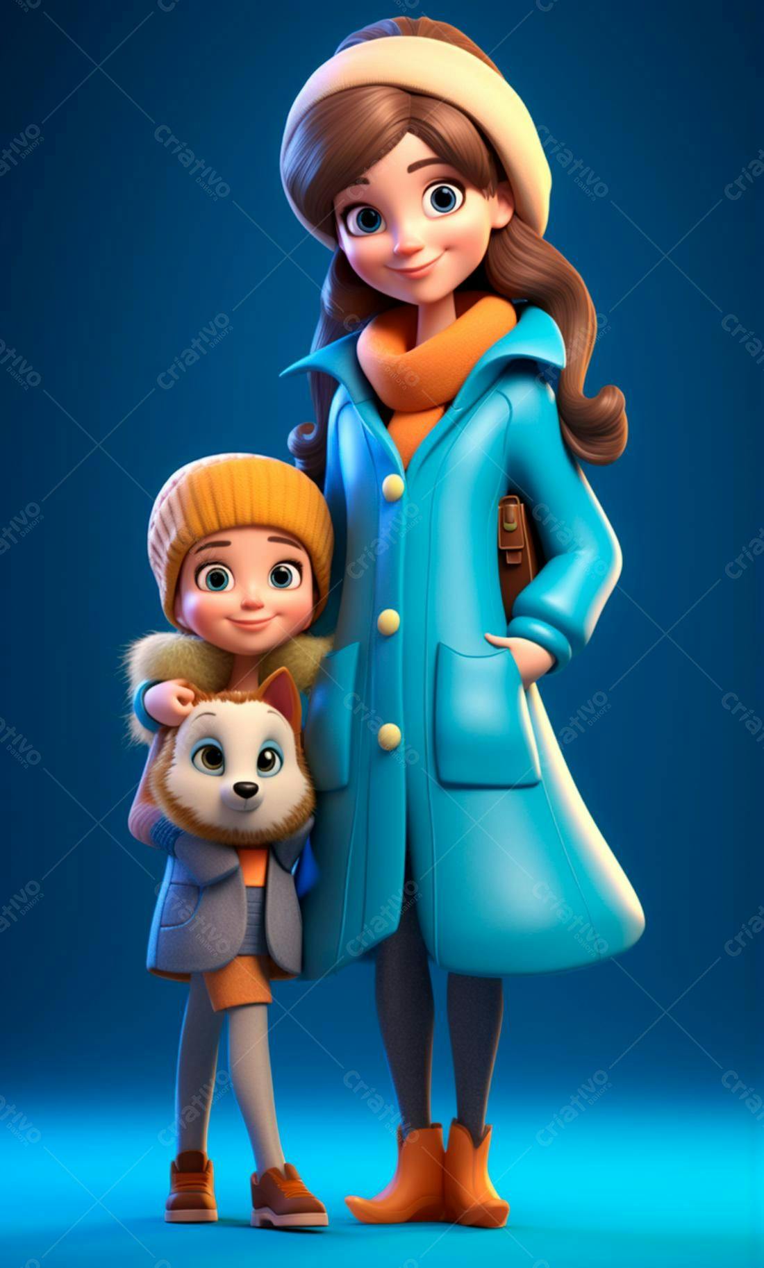 Mãe e filha com cachorrinho em dia frio
