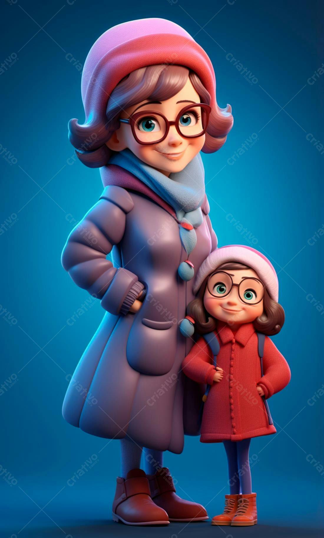 Mãe e filha animadas em casaco de inverno