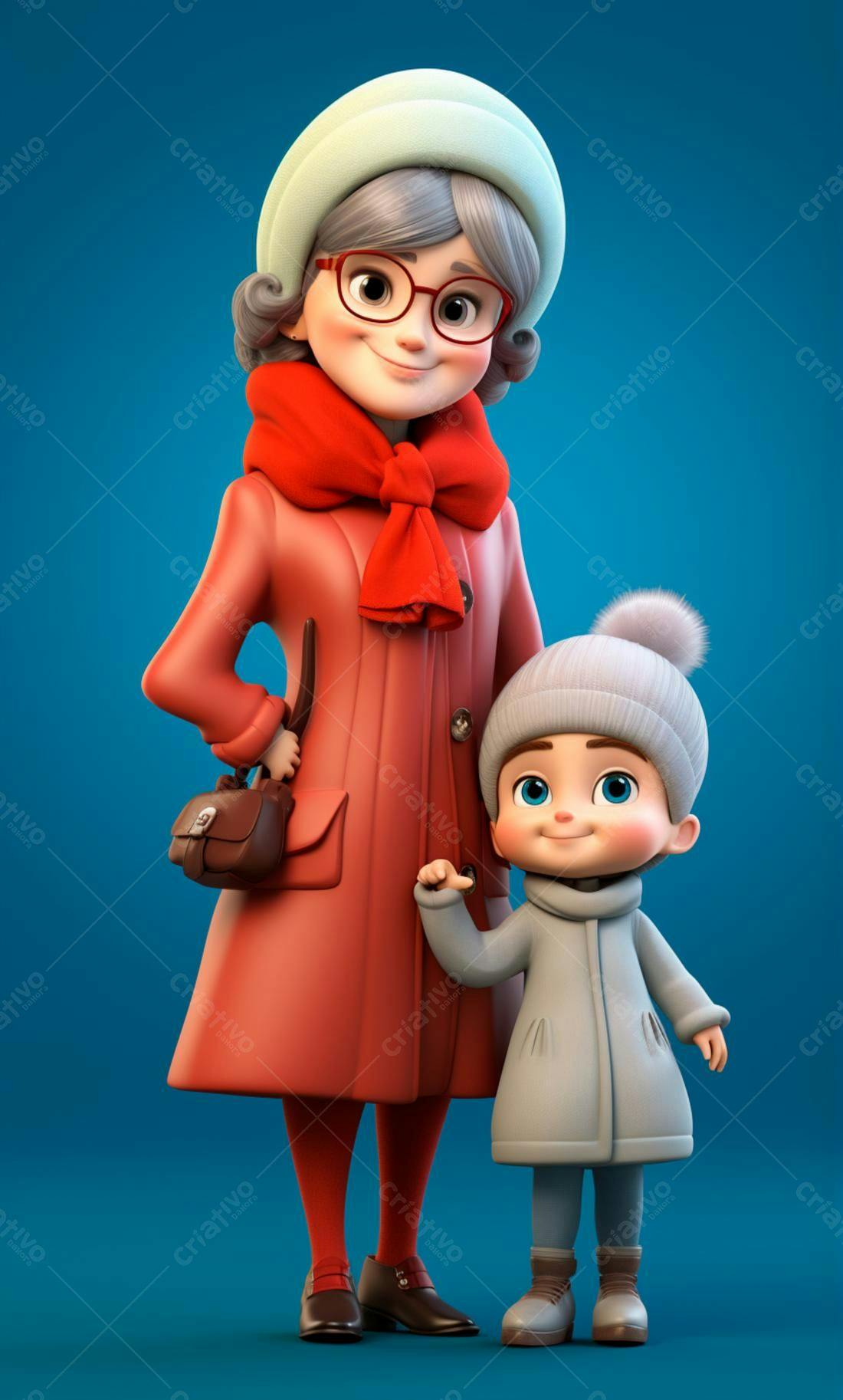 Avó e neto em ilustração invernal