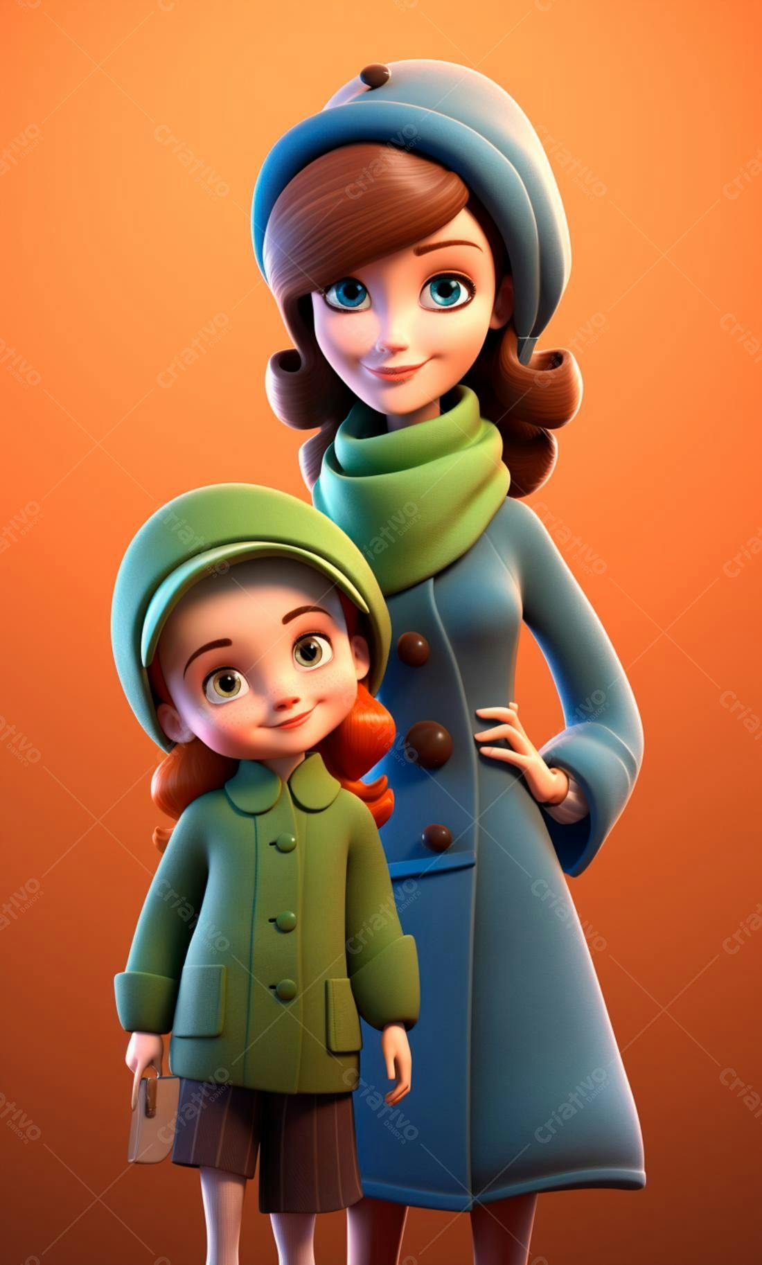 Mãe e filha em casacos azuis e verde